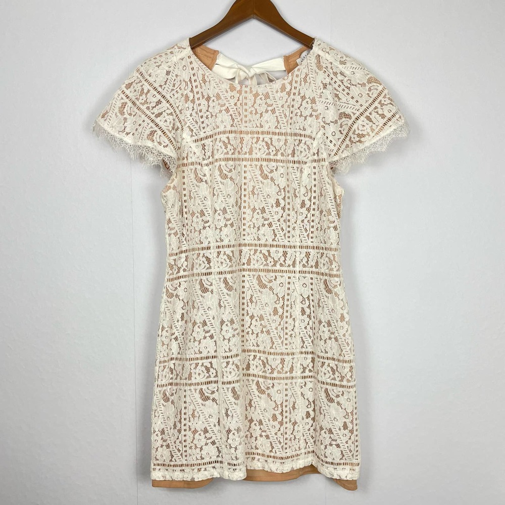 Endless Rose | White Lace Neutral Layering Open Tie Back Flutter Sleeve Dress